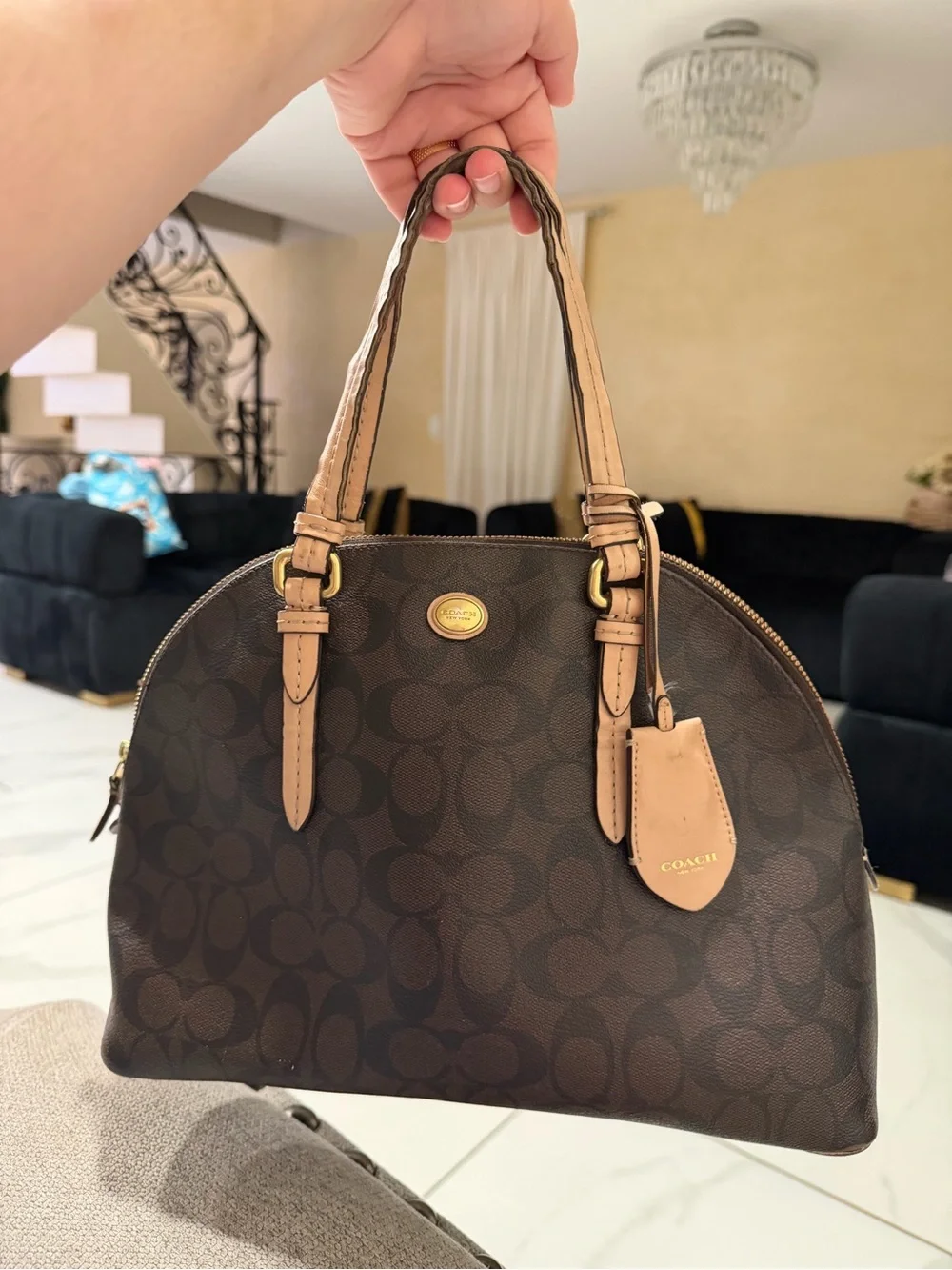 Coach Dark Brown Signature Canvas Dome Satchel with Tan Leather Handles